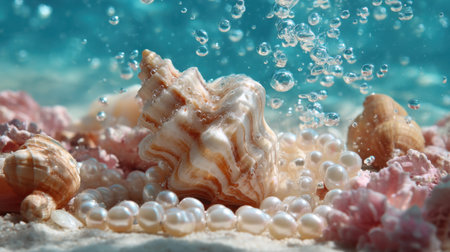 A captivating underwater scene showcasing beautiful seashells and lustrous pearls surrounded by bubbles, evoking tranquility and elegance.の素材