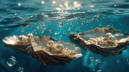 A mesmerizing underwater scene showcasing open oysters cradling lustrous pearls, surrounded by floating air bubbles, creating a tranquil marine atmosphere.の素材