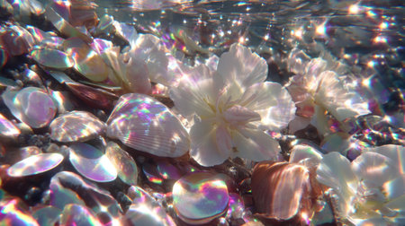 Discover a mesmerizing underwater scene with delicate petals and shimmering seashells, beautifully illuminated by sunlight reflections.の素材