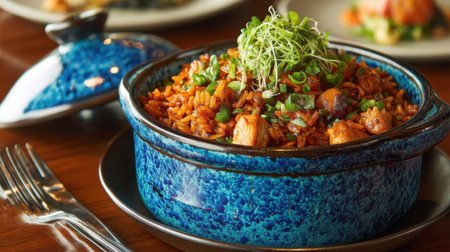 A vibrant rice dish presented in a blue ceramic bowl, garnished with fresh herbs and green onions, showcasing culinary artistry in a restaurant setting.の素材