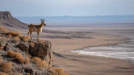 A solitary wild goat stands on a rocky cliff, gazing over a vast desert landscape. This image captures the essence of wildlife in its natural habitat, showcasing serene beauty and rugged terrain.の素材