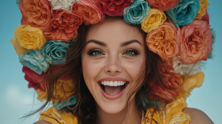 A joyful woman with an elaborate floral headpiece beams with happiness against a clear blue sky, radiating vibrant energy and beauty.の素材
