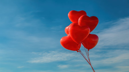 A cluster of bright red heart-shaped balloons floats gracefully against a vibrant blue sky, capturing the essence of love and joy in any festive setting.の素材