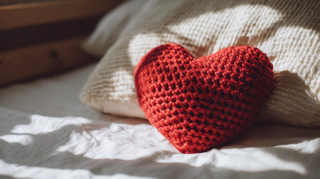 A cozy red crochet heart pillow rests on softly textured bedding, illuminated by warm sunlight, creating a serene and inviting atmosphere perfect for relaxation.の素材