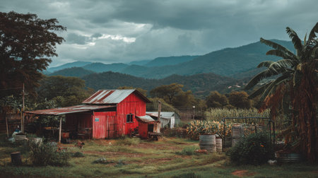A picturesque rural setting showcases a vibrant red wooden house surrounded by lush greenery and majestic mountains under a dramatic sky.の素材