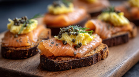 A beautifully arranged gourmet appetizer featuring smoked salmon topped with a creamy spread, capers, and fresh herbs on a rustic wooden board. Perfect for elegant gatherings or casual dining.の素材