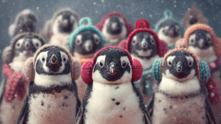 This charming image captures a group of young penguins wearing colorful ear muffs against a snowy backdrop, showcasing their playful nature and adorable features in a winter setting.の素材