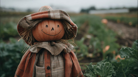 A charming scarecrow features a pumpkin head and a warm outfit, standing joyfully in a vegetable field, embodying autumn's essence.の素材
