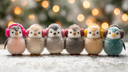 A delightful collection of cute penguin figurines wearing vibrant headphones brings a cheerful vibe to any winter decor, perfect for festive celebrations.の素材