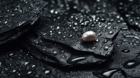 A captivating composition featuring a single elegant pearl resting on dark slate, adorned with glistening water droplets, evoking luxury and beauty.の素材