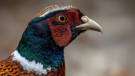 A striking close-up portrait of a pheasant, showcasing its vibrant colors and intricate feather patterns. The profile view reveals stunning details of its eye and beak in a natural setting.の素材