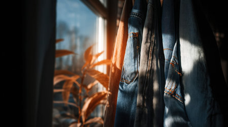 A collection of vintage denim pieces hangs near a window, illuminated by soft sunlight, with a green plant adding warmth to the scene.の素材