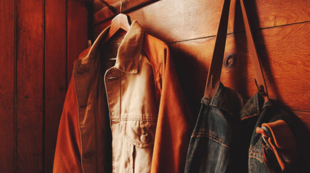 This image captures the rustic charm of vintage workwear jackets elegantly hung on a wooden wall, highlighting the textures and warmth of the scene.の素材