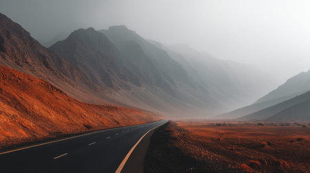 This captivating image features a tranquil road winding through picturesque desert landscapes, nestled among majestic mountains under a soft misty sky.の素材