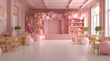Discover a stunning pink-themed event space filled with decorative balloons, charming tables, and inviting decor perfect for any celebration or gathering.の素材