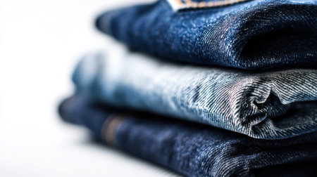 This close-up photo features neatly stacked folded denim jeans in various shades of blue, showcasing the fabric's texture and quality. Ideal for fashion and retail themes.の素材