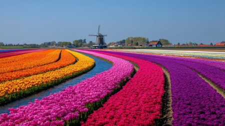 A stunning view of vibrant tulip fields in various colors, accompanied by a traditional windmill and a clear blue sky, capturing spring beauty.の素材