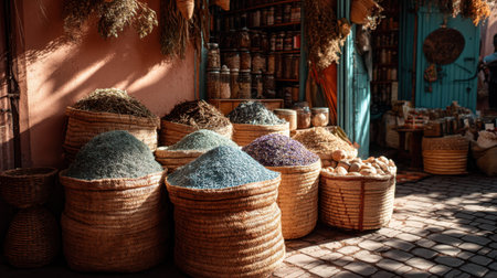 A captivating display of colorful spices and herbs in woven baskets fills a vibrant market setting, showcasing an array of textures and natural beauty.の素材