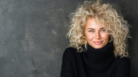 A captivating portrait of a young woman with beautiful curly blonde hair, dressed in a cozy black turtleneck, exuding confidence and joy against a gray wall.の素材