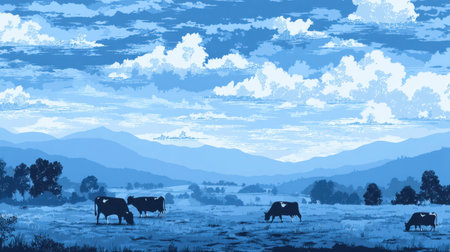 A stunning blue-toned pastoral scene featuring cows grazing peacefully in a countryside landscape beneath a spacious sky filled with clouds.の素材