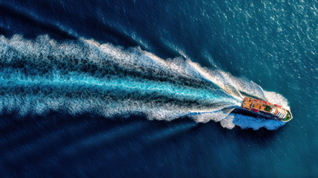 This stunning aerial photograph captures a vibrant speedboat gliding through shimmering blue waters, leaving a dynamic trail of waves. Perfect for travel themes.の素材