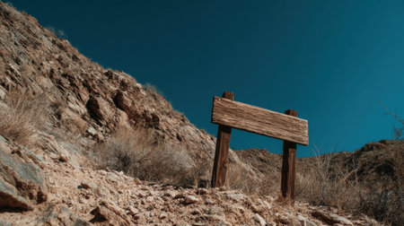 A rustic wooden sign stands alone on a rocky path in a barren desert landscape under a vibrant blue sky, perfect for outdoor themes.の素材