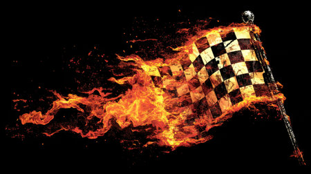 A striking image of a checkered flag enveloped in flames, symbolizing speed and victory in racing and sports environments. Perfect for dynamic themes.の素材