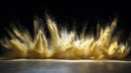 This striking image features a vibrant golden powder explosion, creating dynamic textures and visual effects against a dark background.の素材