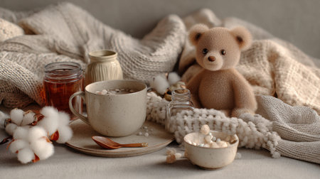 This serene composition features a teddy bear alongside warm beverages and soft textiles, creating a cozy atmosphere perfect for relaxation and comfort.の素材