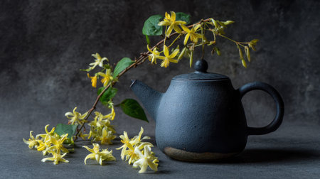 A beautifully crafted black teapot sits beside gracefully arranged yellow flowers on a textured gray background, highlighting harmony between nature and artistry.の素材