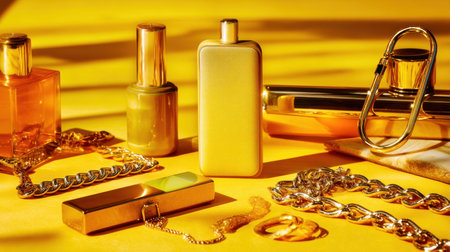 This captivating flat lay image features a stunning collection of luxury accessories and cosmetics on a vibrant yellow background, showcasing elegance and style.の素材