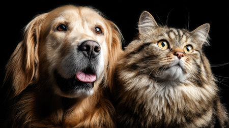 A heartwarming portrait featuring a golden retriever dog and a fluffy cat side by side. Their adorable expressions create a beautiful bond in a contrasting black background setting.の素材
