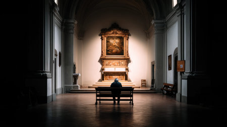 A solitary figure sits quietly on a bench inside an empty church, surrounded by stunning art and soft, serene lighting, embodying tranquility and contemplation in a sacred space.の素材