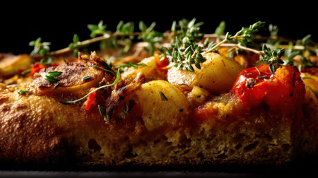 A close-up view of a rustic pizza topped with vibrant vegetables and fresh herbs, showcasing its delicious textures and colors, perfect for food lovers.の素材