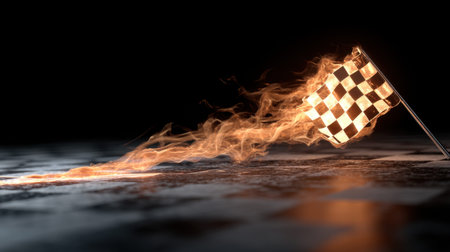 A dramatic racing flag adorned with flames, capturing the essence of speed and competition on a checkered surface. The image evokes adrenaline and excitement.の素材