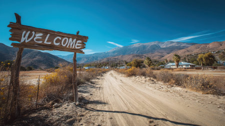 A captivating welcome sign stands at the start of a dirt road leading towards majestic mountains, showcasing a beautiful outdoor landscape.の素材