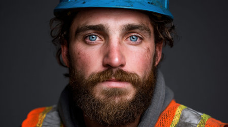 This striking portrait showcases a male construction worker wearing a blue hard hat and orange reflective vest. His intense gaze and rugged appearance reflect dedication and professionalism in the construction industry.の素材