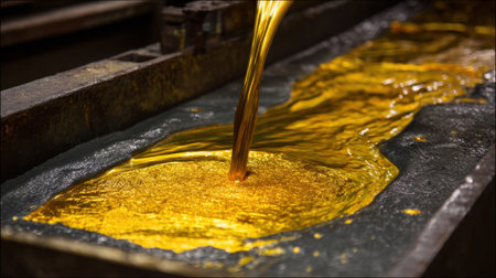 This captivating image captures the moment molten gold flows into a metallic mold during an industrial pouring process, highlighting rich textures.の素材