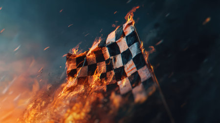 A striking image of a checkered racing flag engulfed in flames, creating a powerful visual symbol of speed and competition, perfect for dynamic themes.の素材