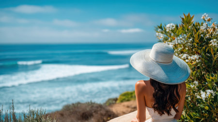 A serene view of a woman wearing a wide-brim hat, gazing at the ocean waves and vibrant greenery, capturing a moment of peace and beauty.の素材