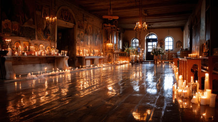 A tranquil interior view of a candlelit church, featuring glowing candles and beautiful religious icons that create a serene atmosphere.の素材