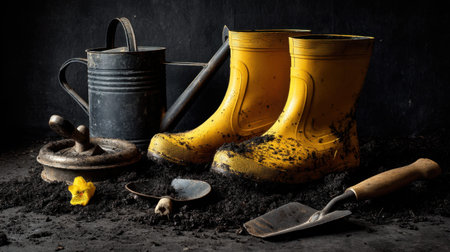 This striking still life features bright yellow gardening boots surrounded by various tools and soil, creating a vivid display of gardening life.の素材