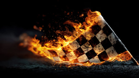 A striking image of a flaming checkered race flag, symbolizing speed and excitement. The flag appears in motion against a dark backdrop, enhancing its dramatic effect.の素材