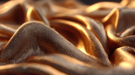Elegant close-up of soft golden fabric showcasing its shimmering texture, perfect for backgrounds and artistic design projects.の素材