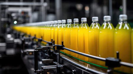Vibrant bottles of juice line the production conveyor in a modern factory, showcasing industrial efficiency and beverage quality.の素材