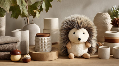 A charming plush hedgehog sits among cozy home decor elements, creating a stylish and inviting atmosphere for relaxation and warmth.の素材