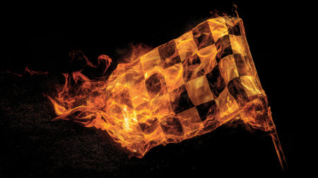 This stunning image captures a checkered racing flag engulfed in flames, symbolizing speed and competition. Ideal for sporting events, races, and dynamic themes.の素材
