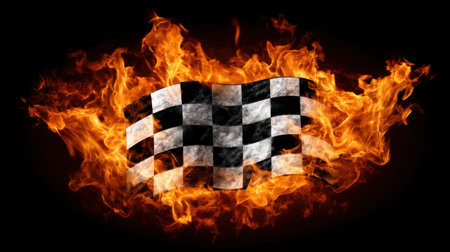 This striking image features a checkered racing flag engulfed in flames, capturing the thrill and excitement of motor sports competitions. Perfect for energetic visuals.の素材