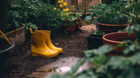 A pair of bright yellow rubber boots stands in a thriving garden, surrounded by vibrant greenery and delicate flowers, capturing a joyful essence of gardening on a rainy day.の素材