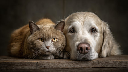 A heartwarming portrait of a dog and cat resting close together, showcasing their unique bond. This touching image captures the essence of friendship and harmony between different species.の素材